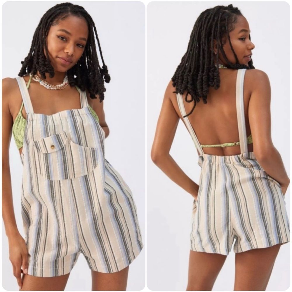 Urban Outfitters Chelsea Linen Short Overalls in Beige Blue Black Stripe | XS